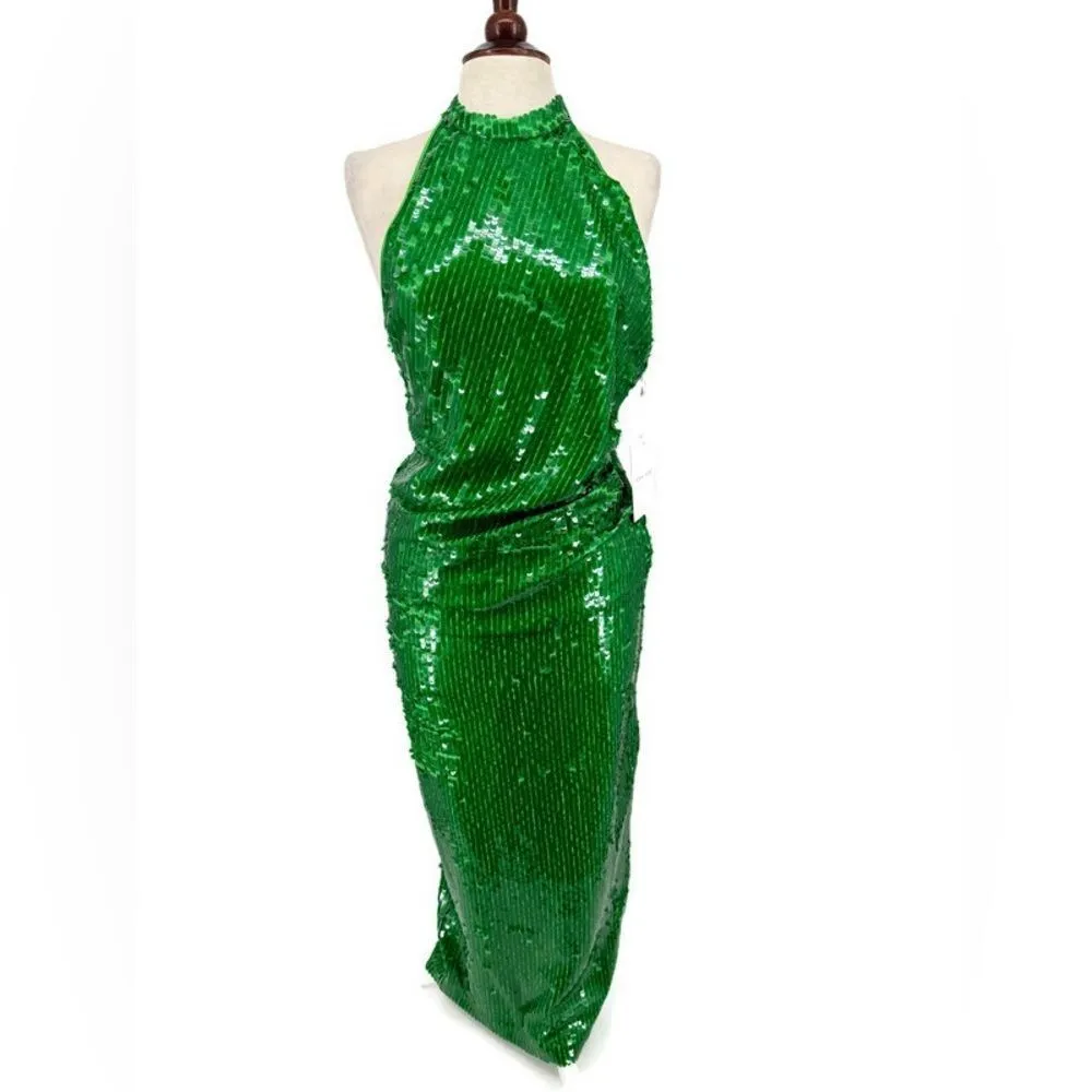 Ronny‎ Kobo Alix Green Sequined Halter Midi Gown New Small - Image 7