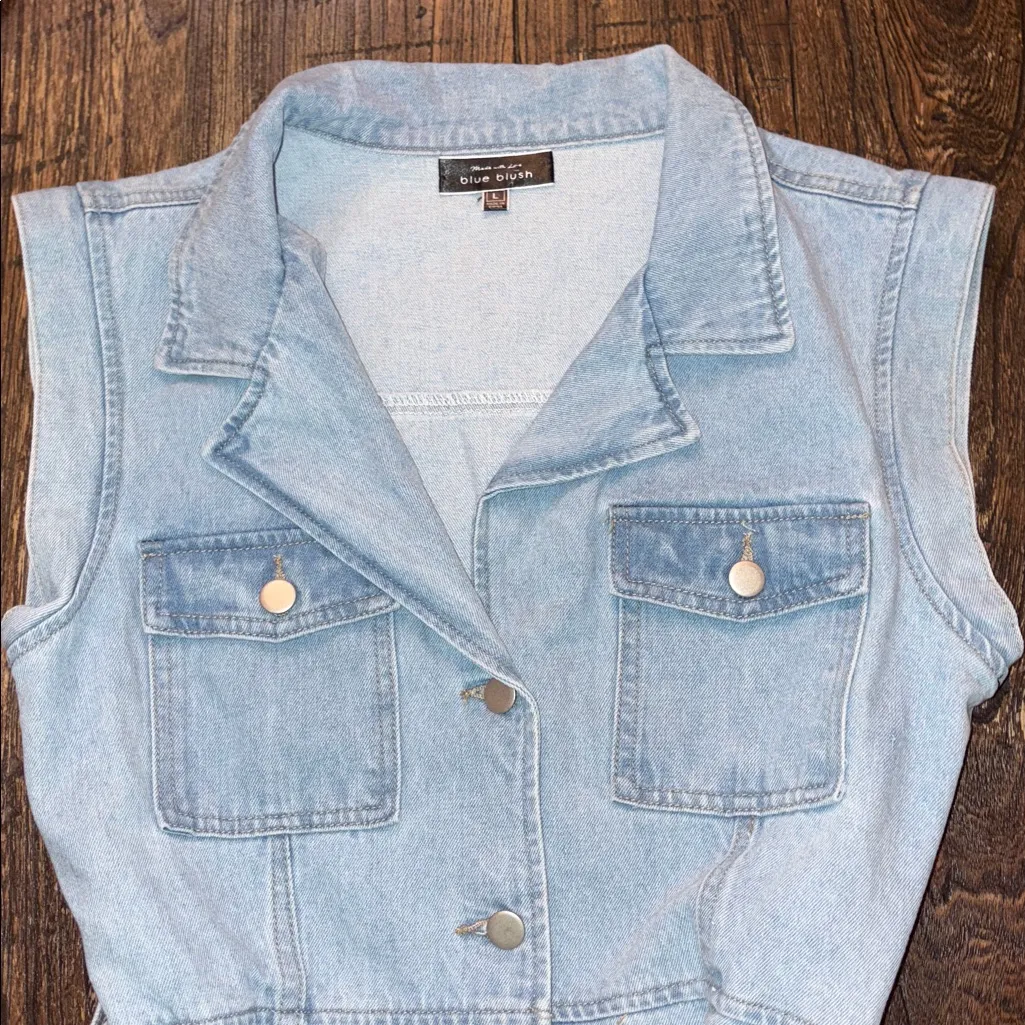 Blue Blush Denim Mini Dress Light Wash Tie Waist Utility Pockets Size Large - Image 4