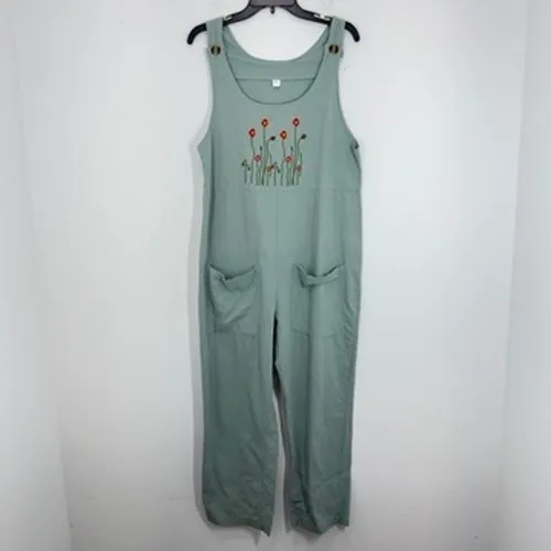 Floral Embroidered Jumpsuit Wide Leg Overalls Romper Sleeveless Casual Gardening - Image 2