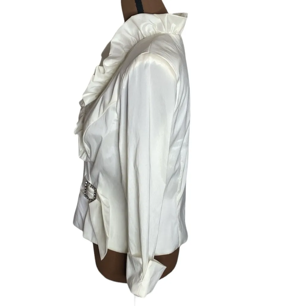 XSCAPE ivory ruffled special occasion top with rhinestone button buckle size 12 - Image 5