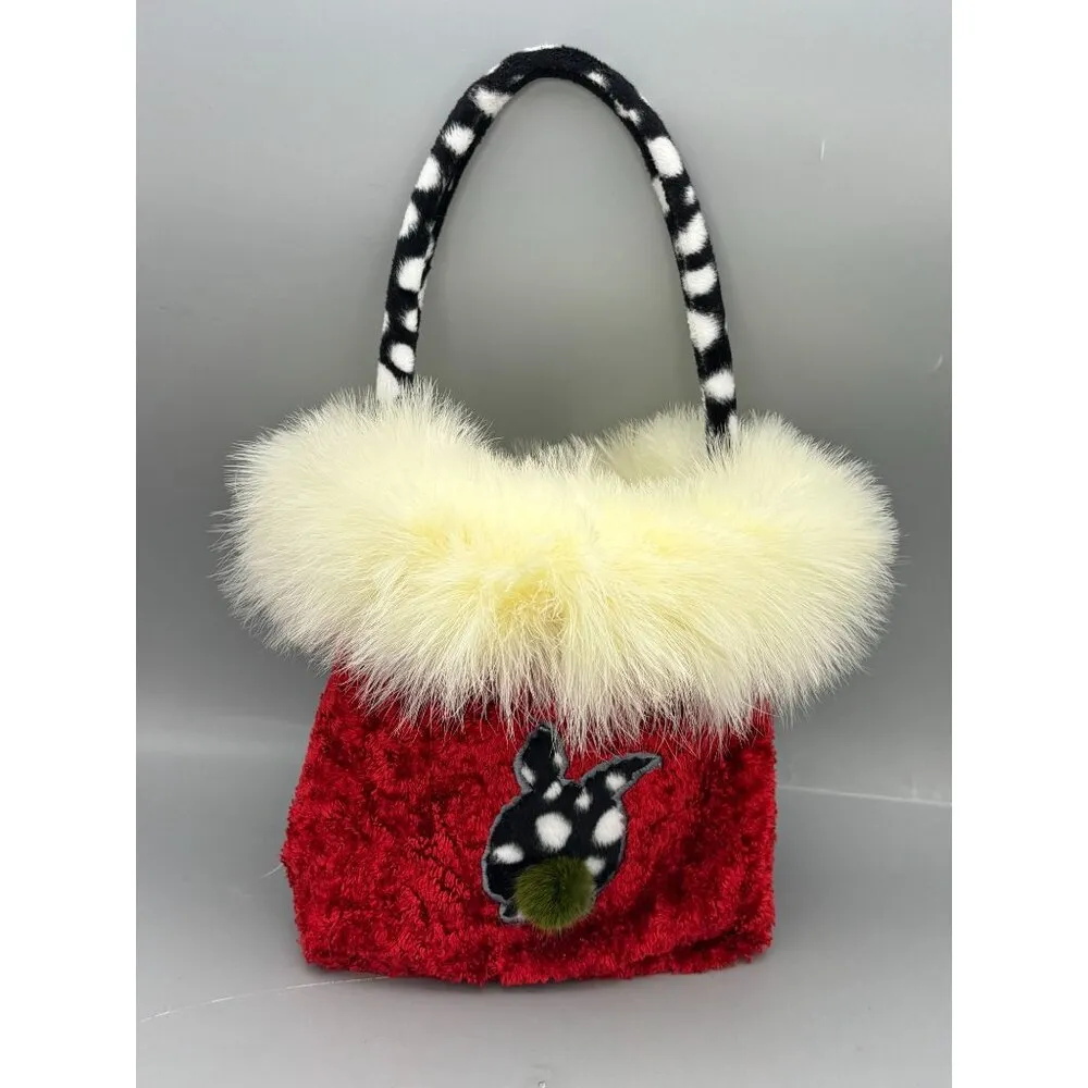 Cowbunnies Red Plush Bunny Handbag With Faux Fur Trim & Polka Dot Handle - Image 3