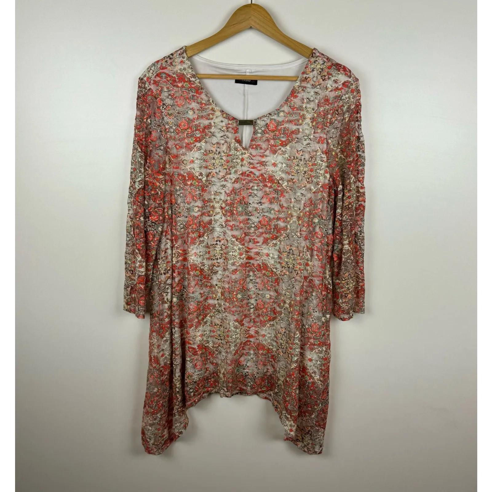 Cocomo Womens‎ Lace Overlay Tunic Top Blouse | Colorful Retro Flowy Classic Pink Size XL - Image 3