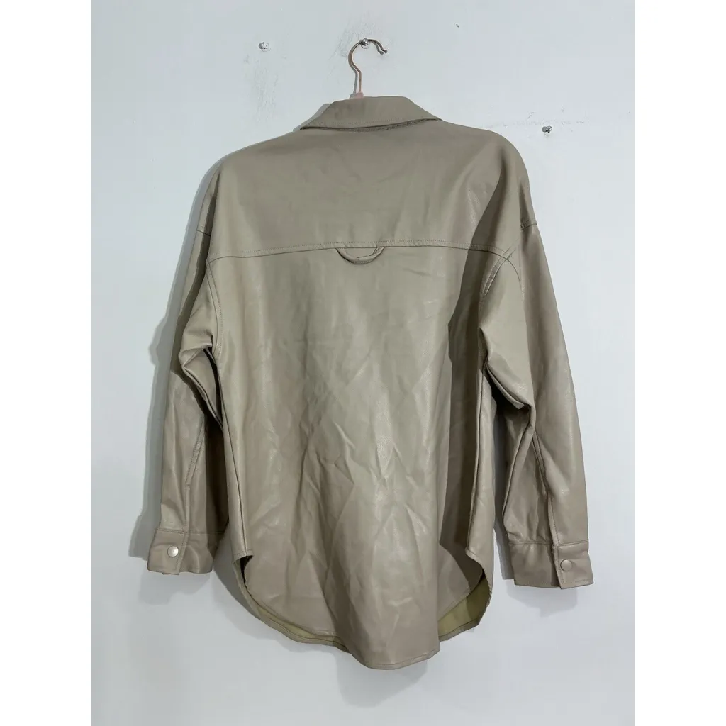 Womans Ensemble Faux Leather Pleather Shacket Beige Snap Front Small Tan - Image 2