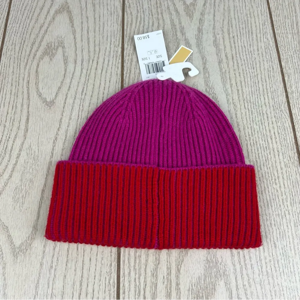 Michael Kors Women's Two Tone Color Block Ribbed Beanie OS Magenta Red $58 - Image 3