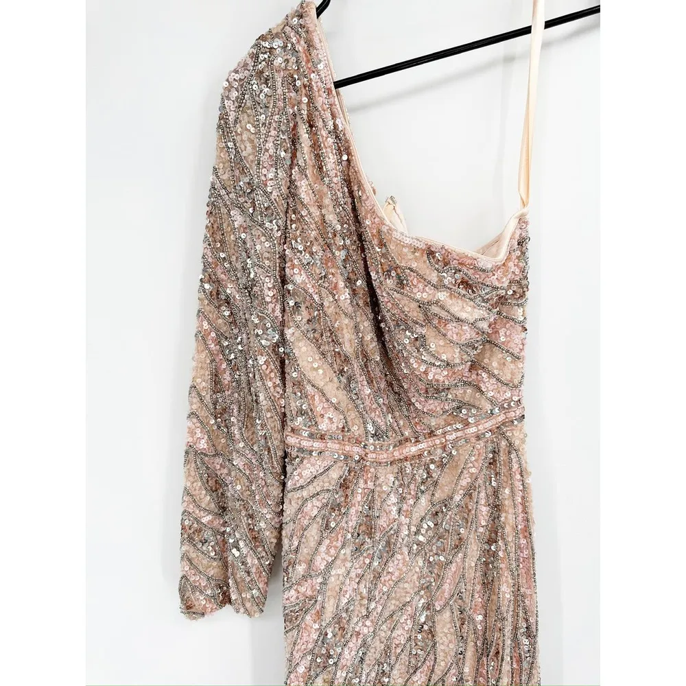 Mac Duggal 4982 Rose Gold Embellished One Sleeve Gown with Sequin Belt Size 6 - Image 4