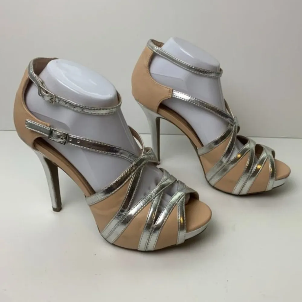 Shoedazzle Silver & Tan Andrea Heeled Sandals - Image 4