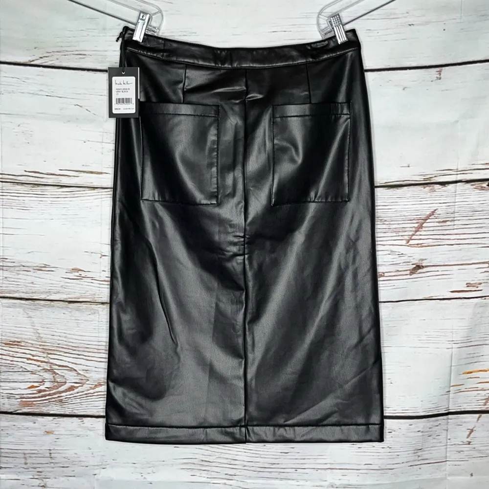 Nicole Miller NWT 10 Black Faux Leather Snap Button Midi Straight Pencil Skirt - Image 2