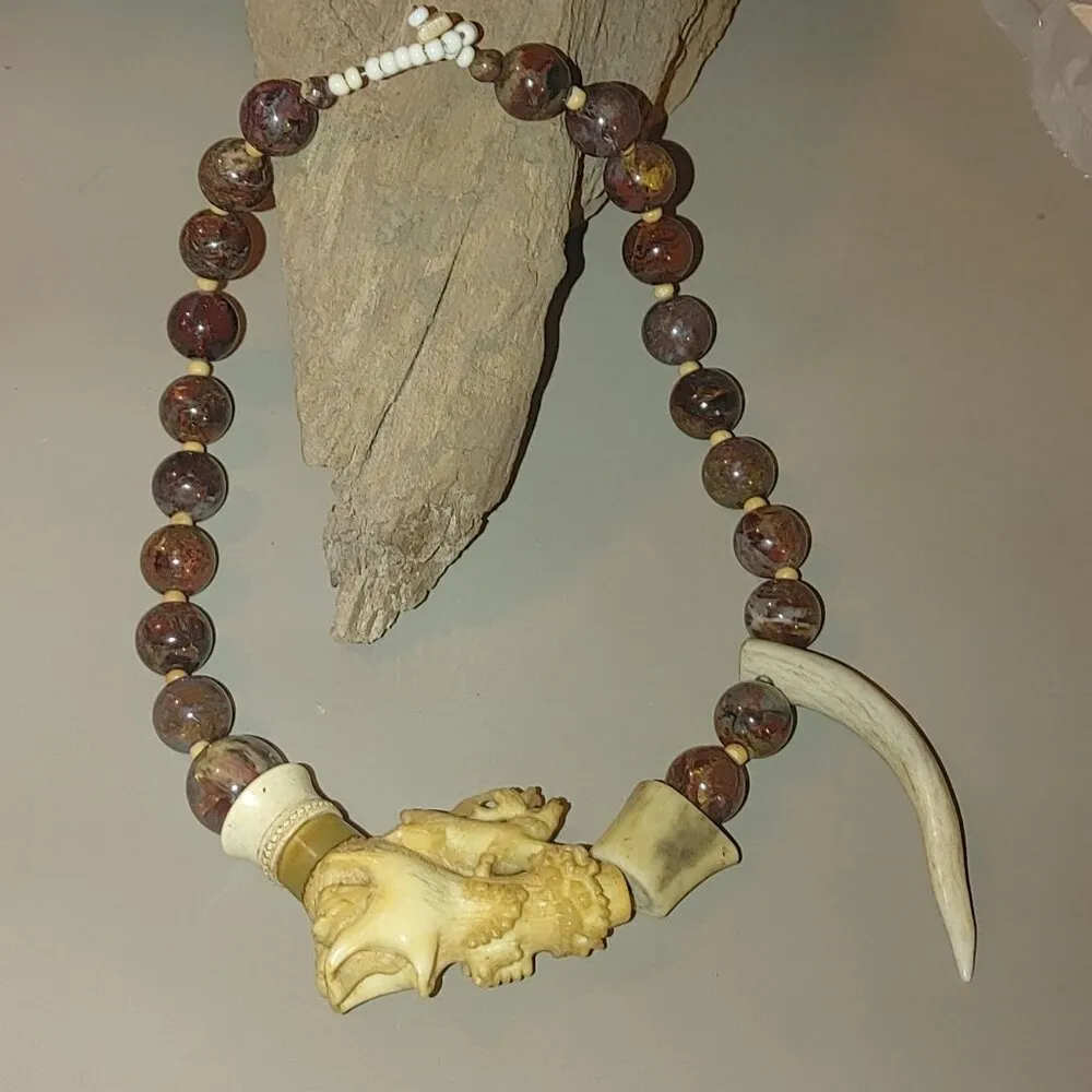 Antique Agate Bead Necklace Carved Antler Pendant Deer Elk Artisan Craft Rustic Size 18 - Image 15