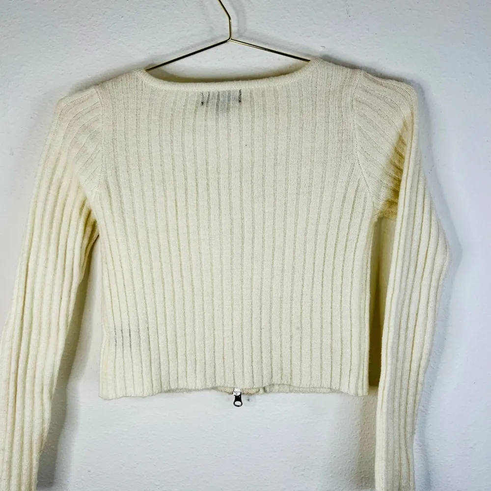 Say What Women’s Ivory Ribbed Knit Cropped Cardigan Sweater Small Zip-Up V-Neck - Image 7