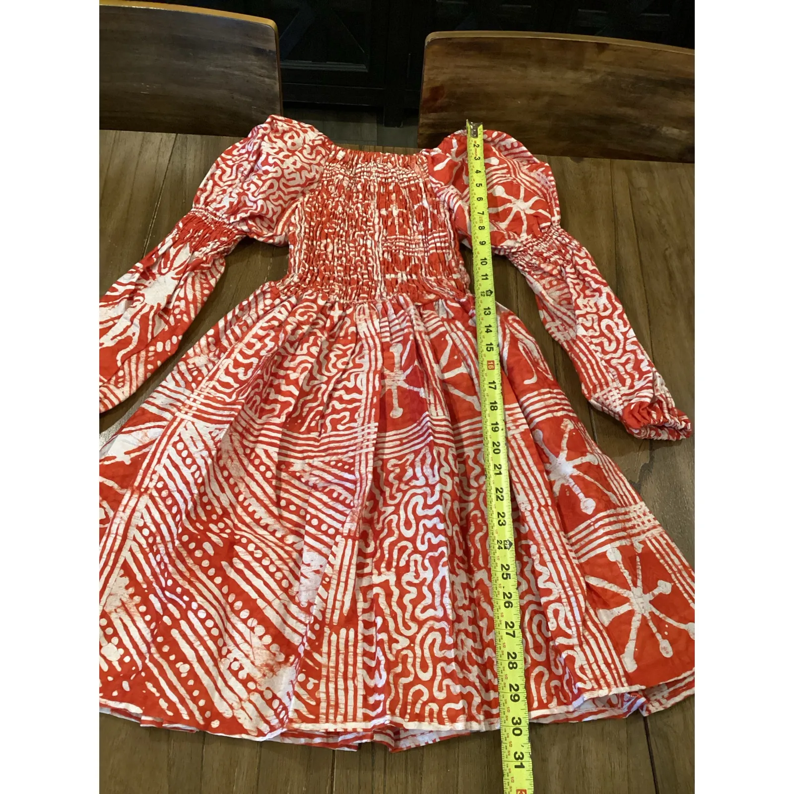 Busayo kunmi geo printed smocked fit flare cotton red white mini dress size xs - Image 3