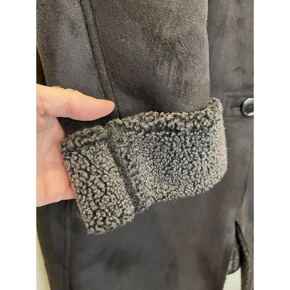 Lands' End Faux Suede Shearling‎ Coat Jacket Longline Women's Size M 10-12 Black - Image 4