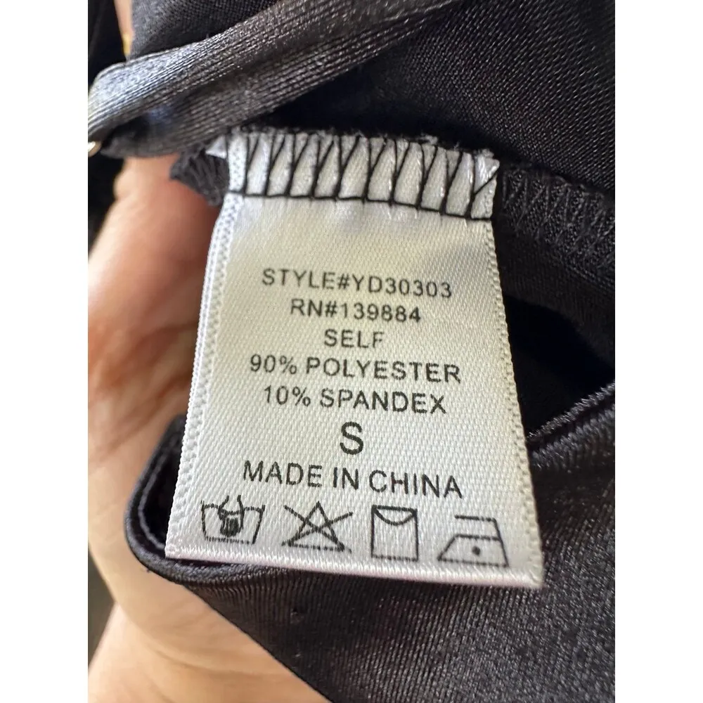 A. Peach Shiny Thick Stretchy Satin Plunge Front Slit Bodycon Maxi Gown Dress S Black - Image 6