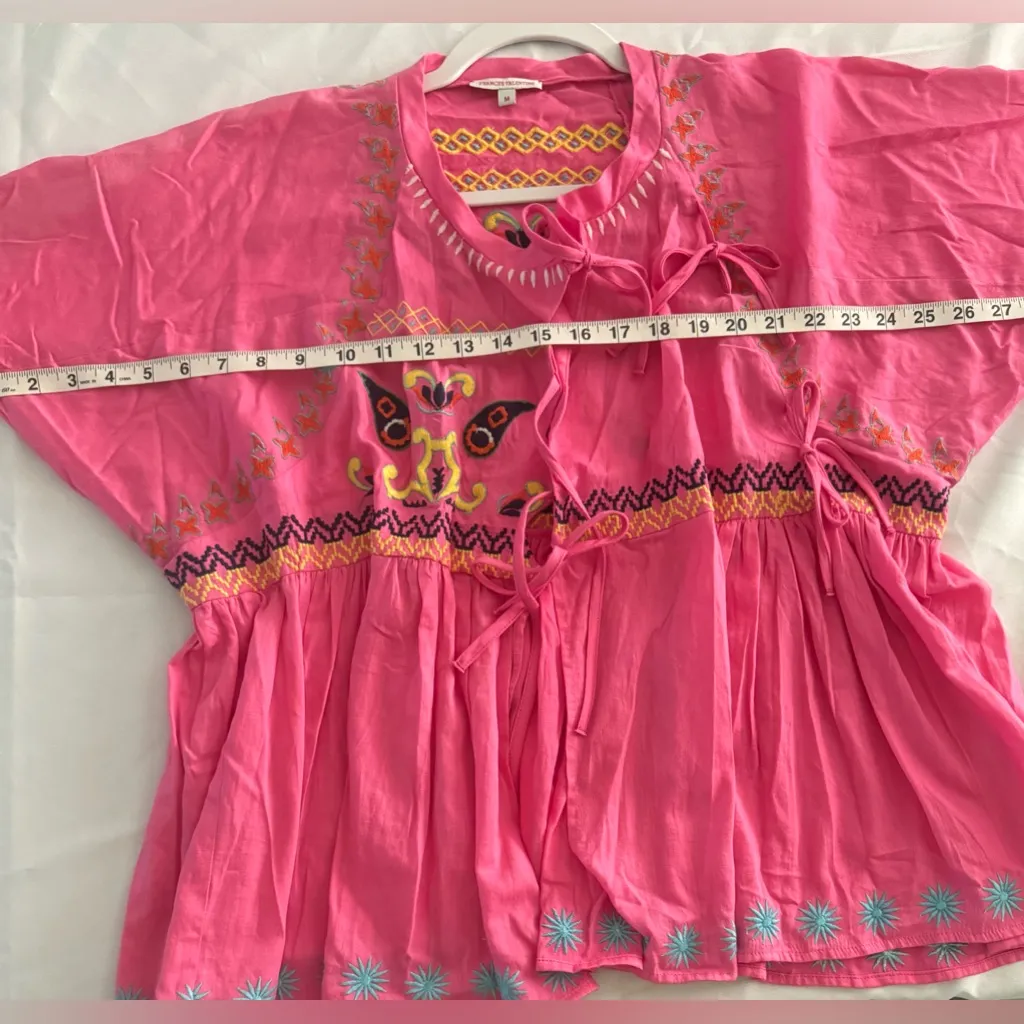 Frances Valentine Blouse Womens M Pink Embroidered Barbiecore Wrap Boho Tunic Size M - Image 9