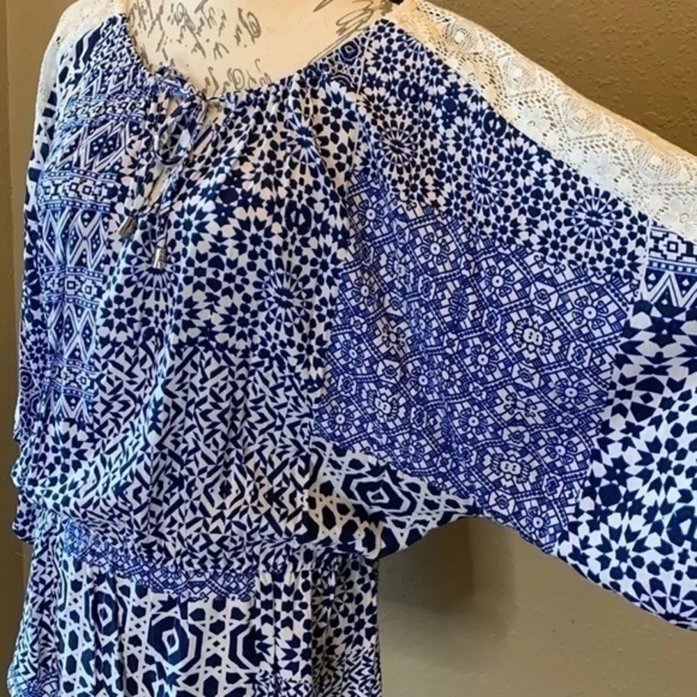 August Silk dolman tunic tie front lace detail boho flowy M - Image 3