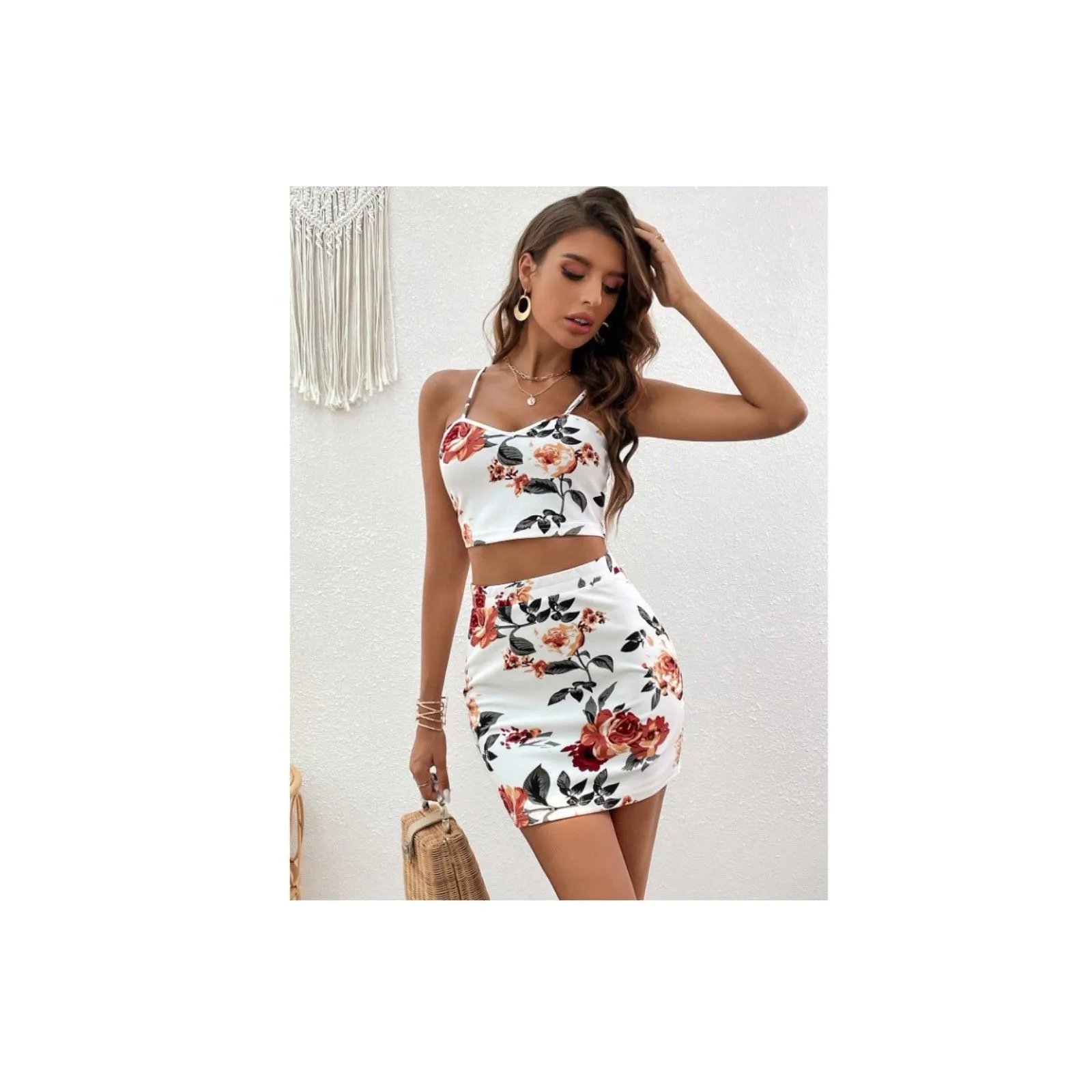 SHEIN VCAY Medium Floral Print Cami Top & Bodycon Skirt Summer Two Piece Outfits - Image 3
