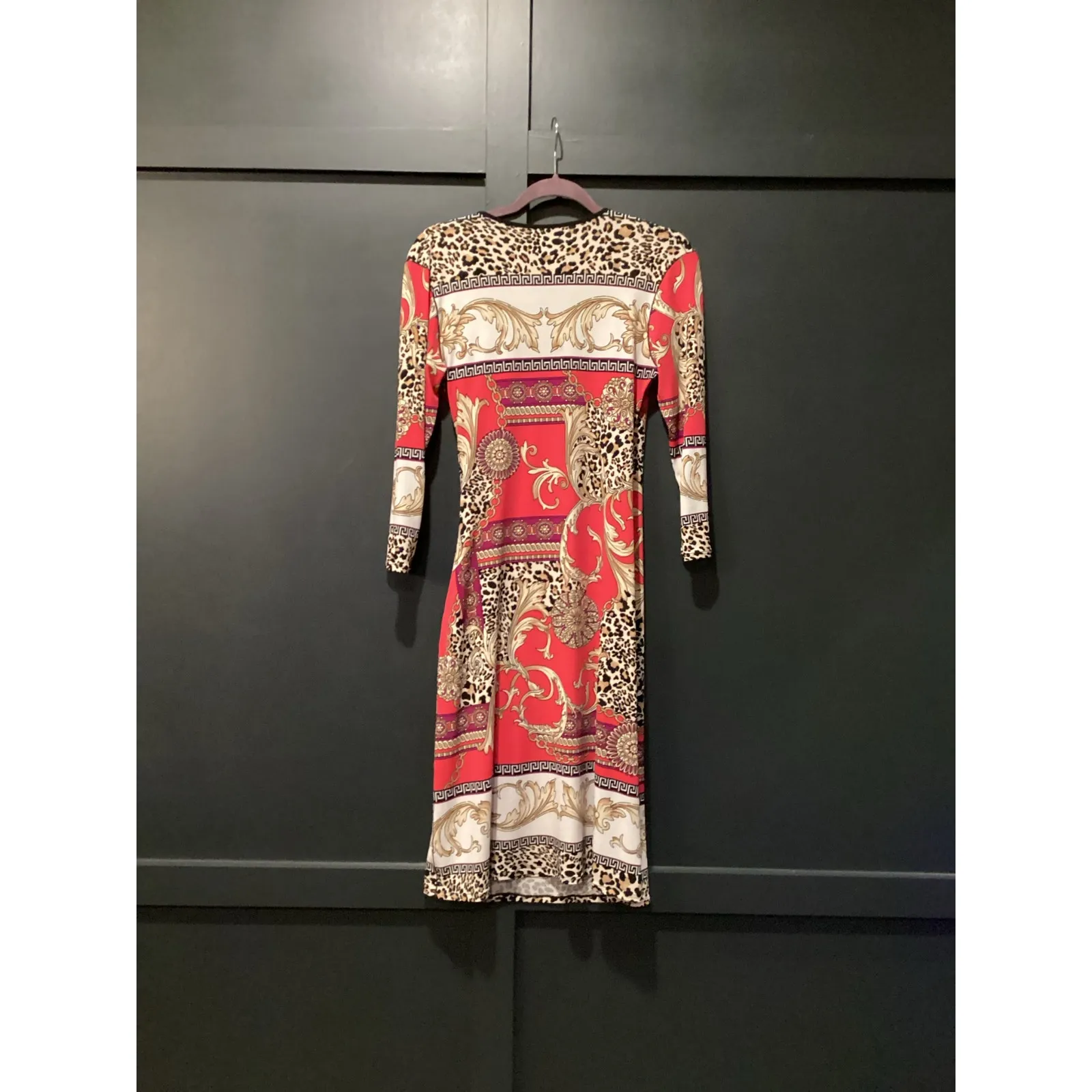 Eva Varro faux wrap sheath knee length 3/4 sleeve animal paisley print dress S Red - Image 3