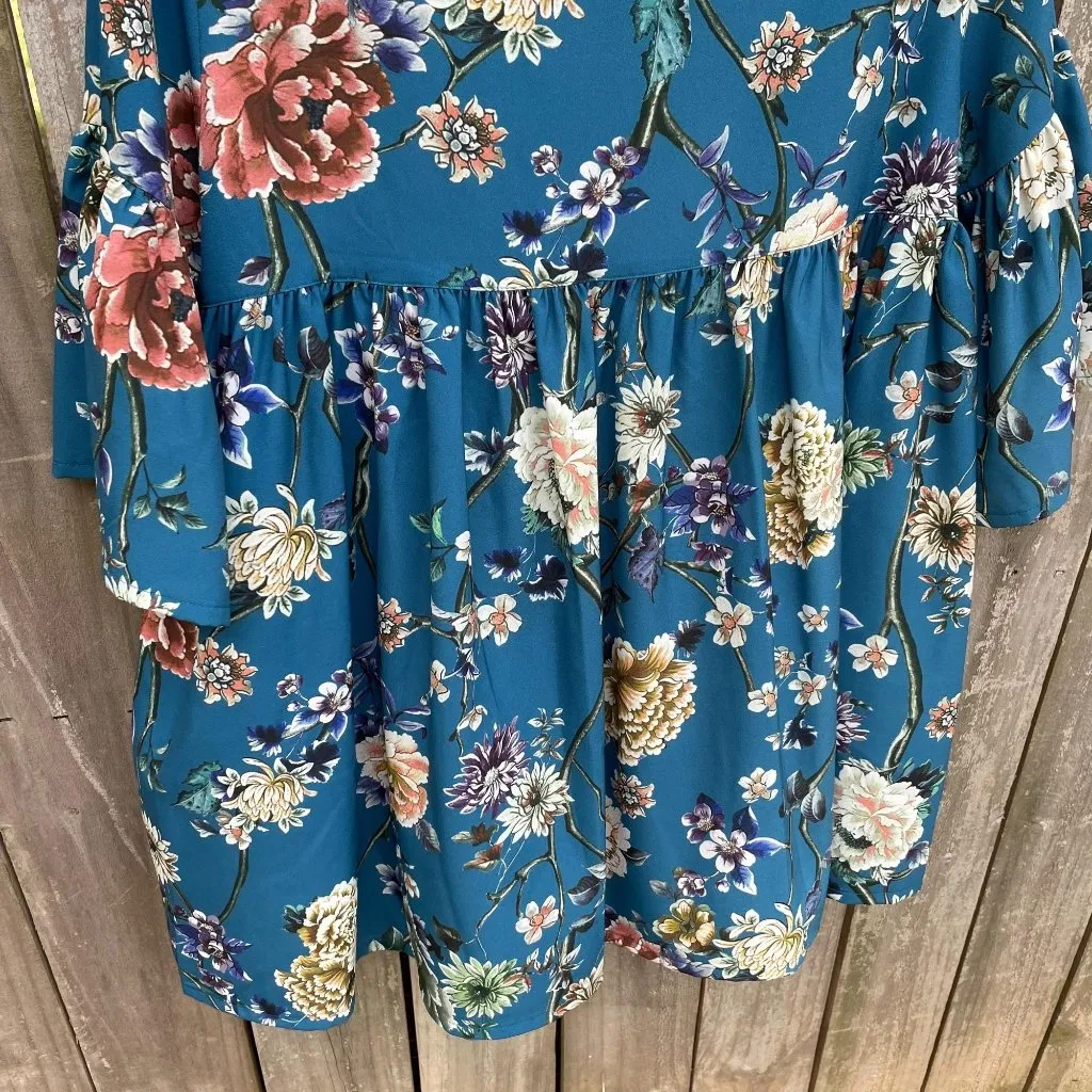 Bryn Walker Diego Tunic Size Small Floral Print Bell Sleeve Teal Blue Sz S New - Image 6