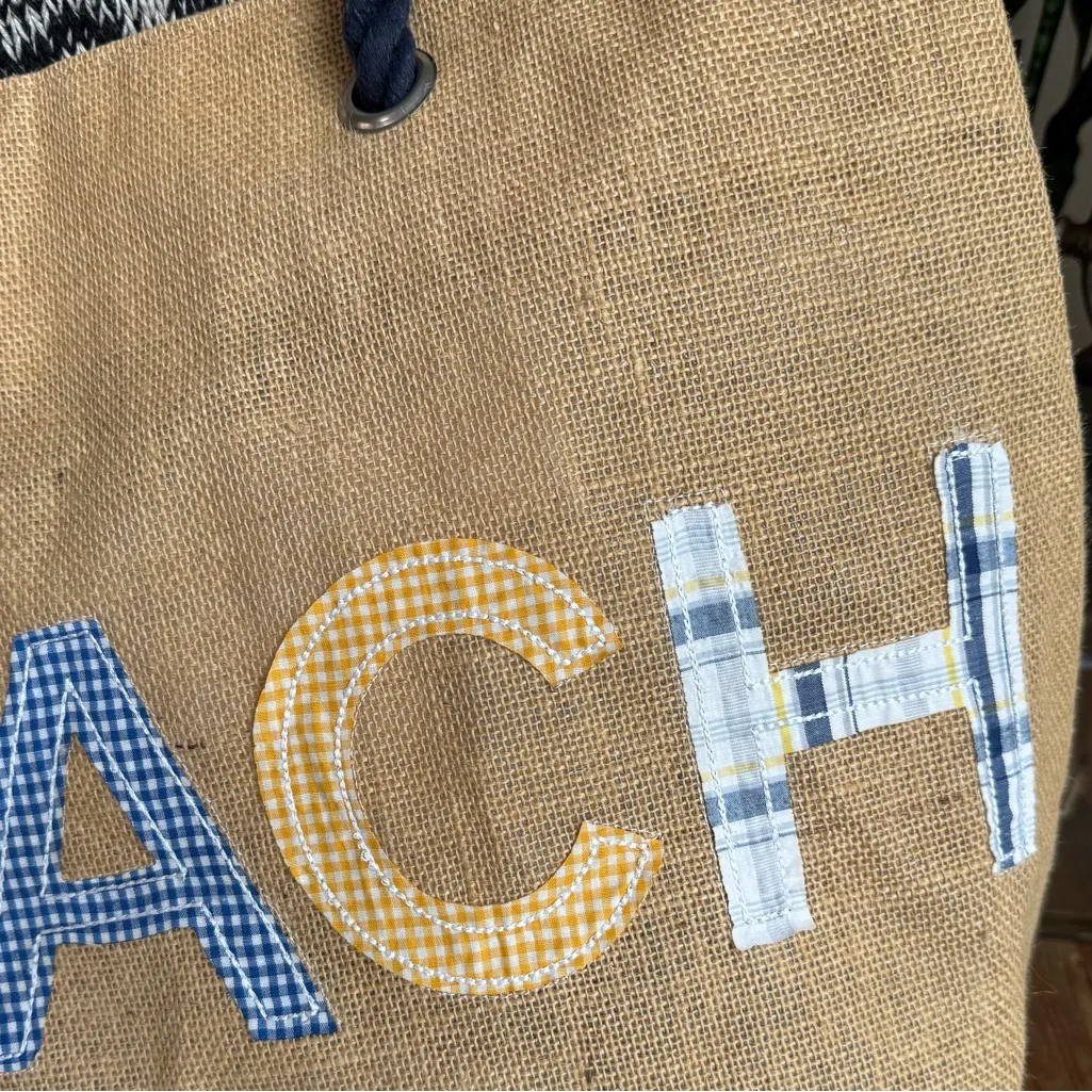 Oversized Jute Beach Tote Rope‎ Handles Appliqué Letters BEACH Market Bag Tan - Image 3