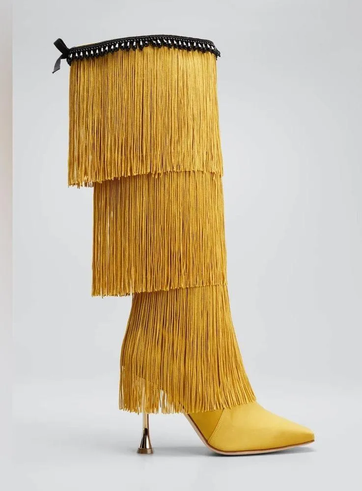 MANOLO BLAHNIK FLEQUILLOHI Yellow Satin Fringe Detail Knee High Boots 105mm - Image 1
