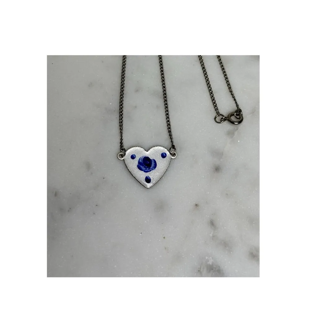 Vintage Heart Pendant Necklace Blue Flower Accents On Silver Chain Forget Me Not - Image 4
