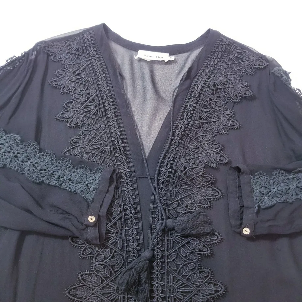 Line and Dot Black Crochet Tassels Deep V-neckline Sheer Blouse Long Sleeves - Image 8