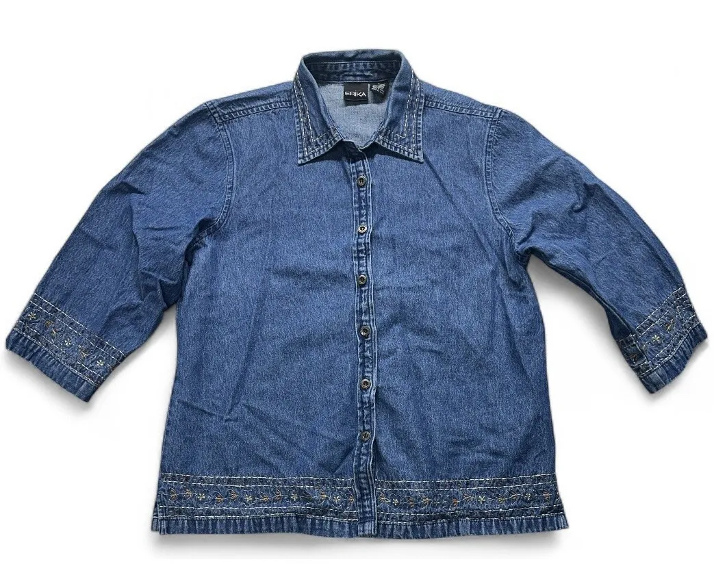 ERIKA Vintage Blue Denim Button Up Shirt L 3/4 Sleeve Fall Leaves Embroidery - Image 1