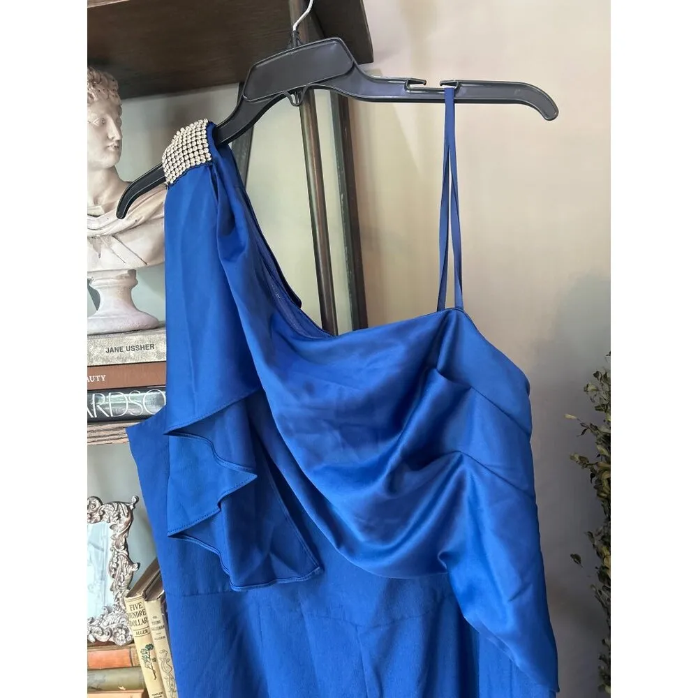 Adrianna Papell Draped One Shoulder Rhinestone Jumpsuit Royal Blue Womens Size 2 - Image 6