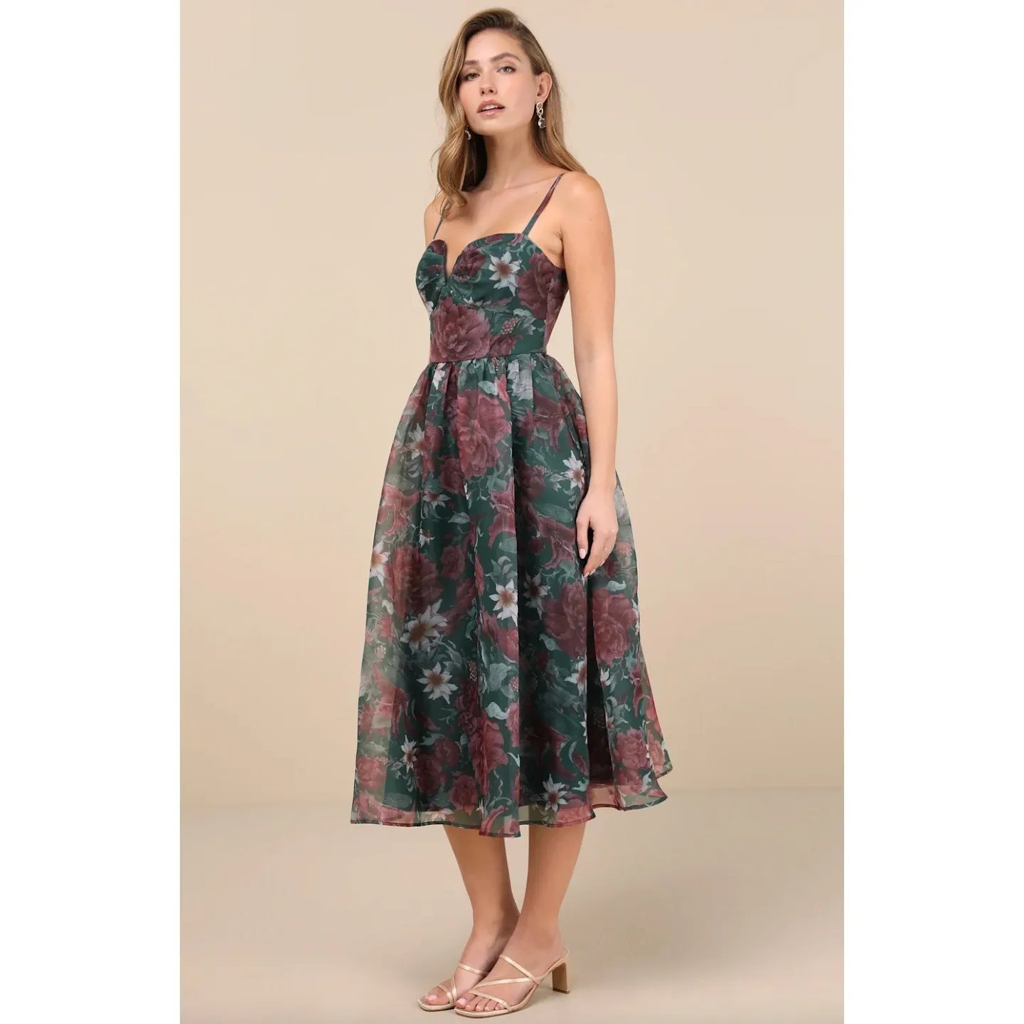 Lulus Cherished Aura Green Floral Organza Bustier Midi Dress Cocktail XXL NWT - Image 3