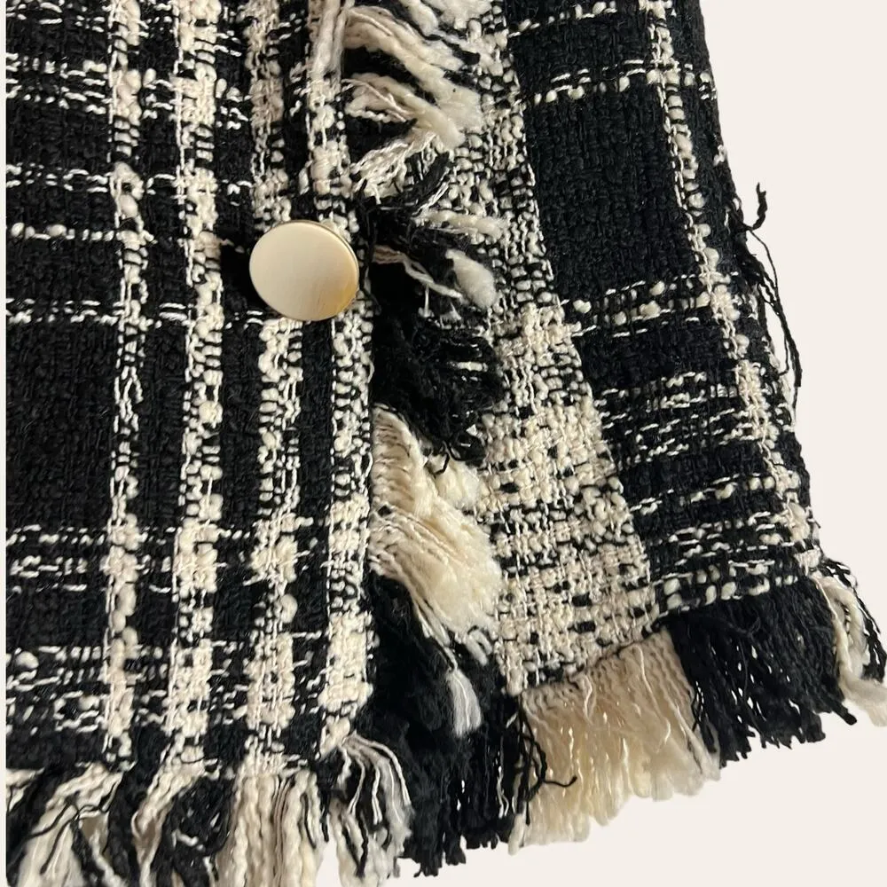 Goodnight Macaroon Black Cream Tweed Fringe Plaid Button Front Mini Skirt Small - Image 4