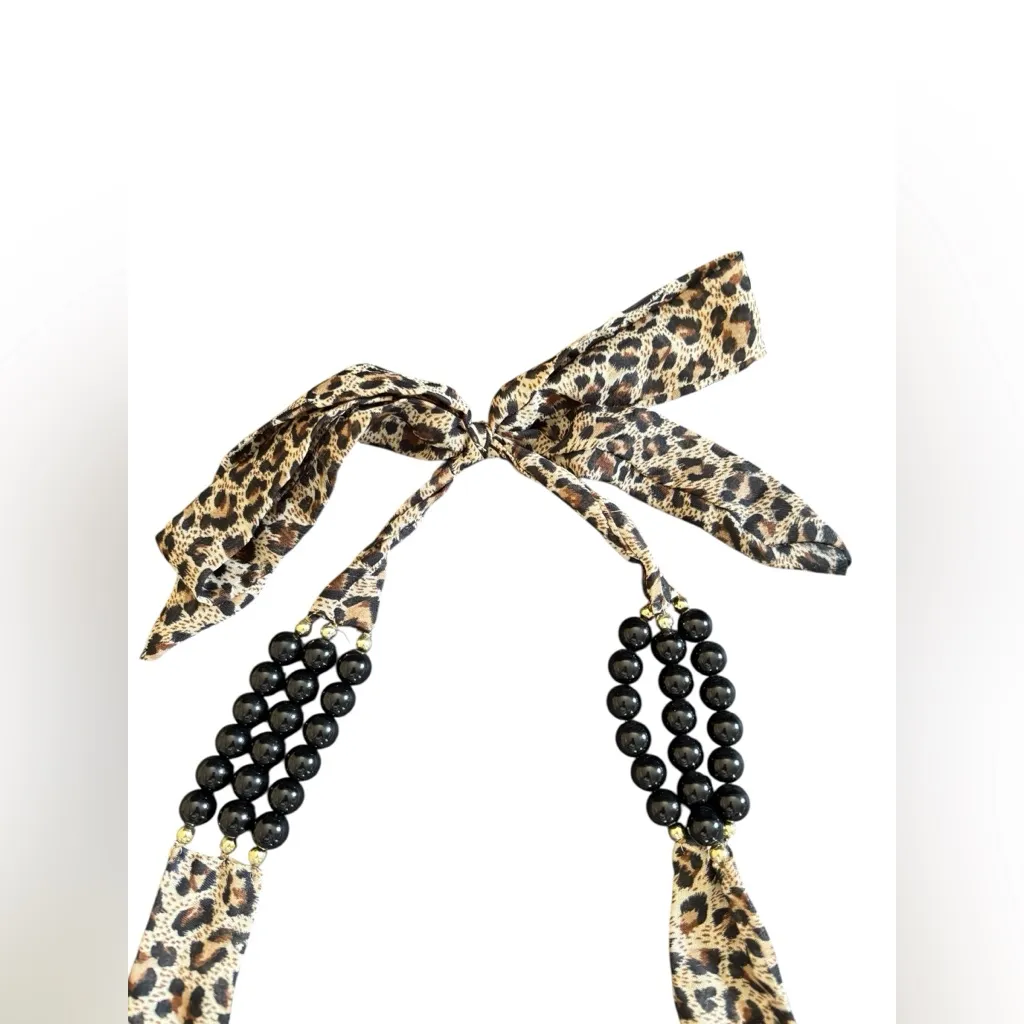 Boutique Leopard 3 Strand Beaded Necklace Fabric Tied Bow Black Brown Gold 11 - Image 3