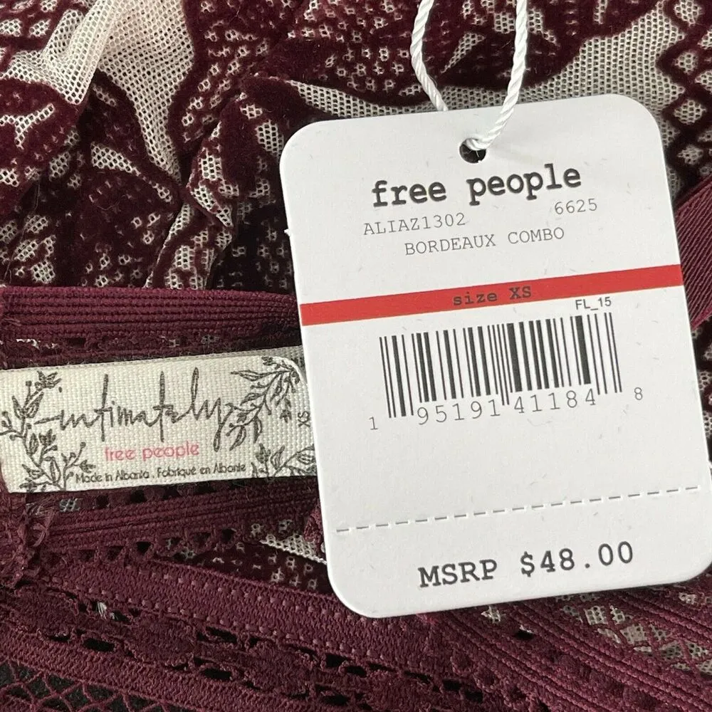 Free People Intimately Alia Bralette Bra X-Small Bordeaux Floral Lace Lingerie - Image 7