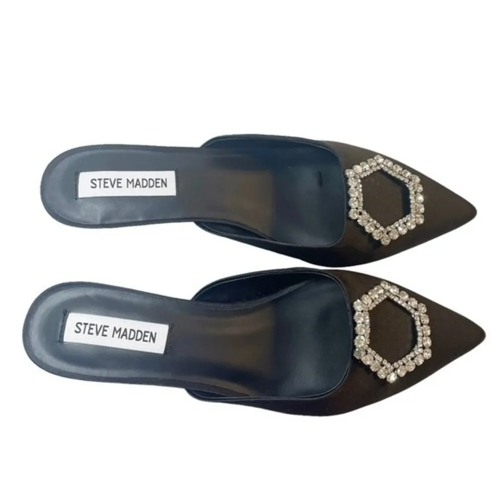NWT Steve Madden Kees Black Satin Rhinestone Buckle Kitten Heel Mule Size 8.5 - Image 11