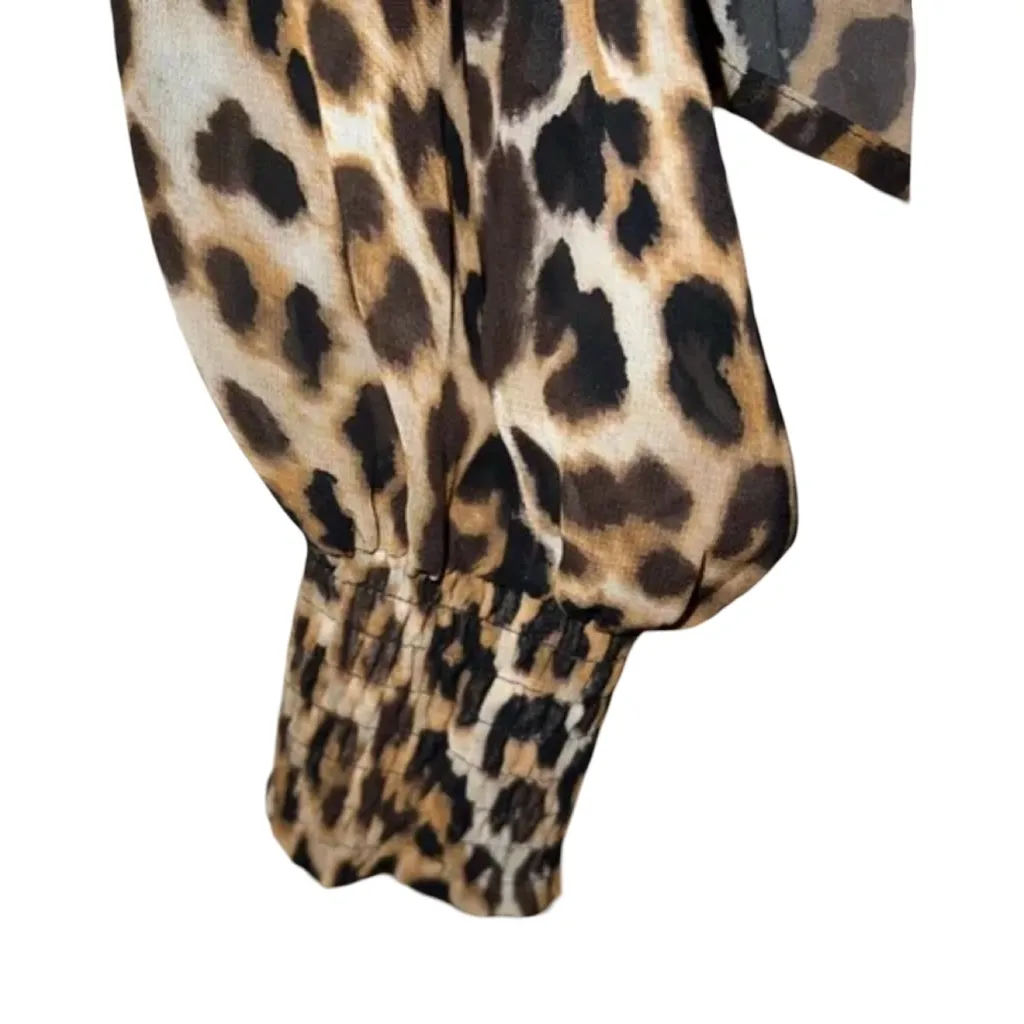 Express Size Medium Leopard Print Smocked Mock Neck Tie-Front Top. Preloved - Image 5