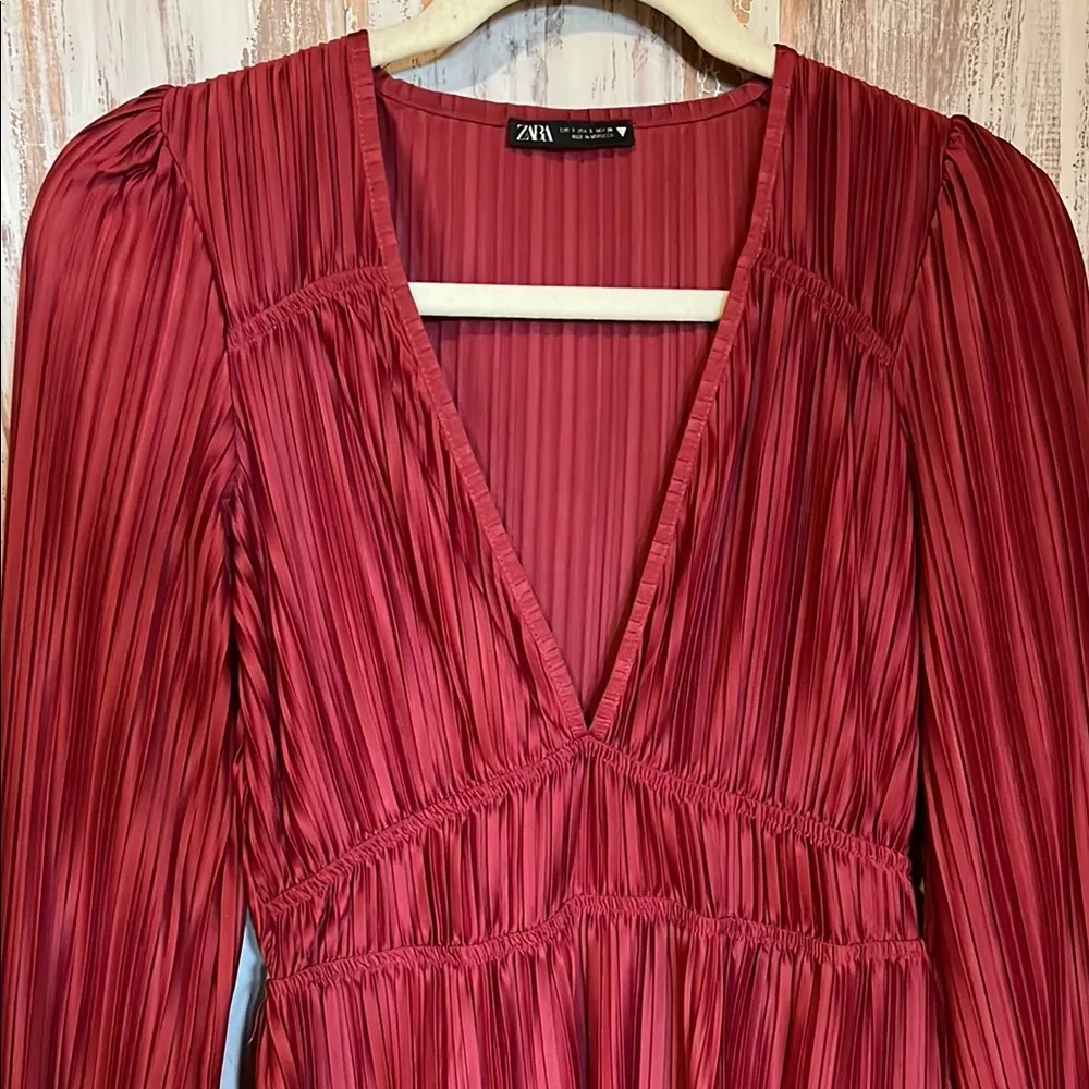 Zara Red Pleated Long Sleeve Mini Dress - Image 2