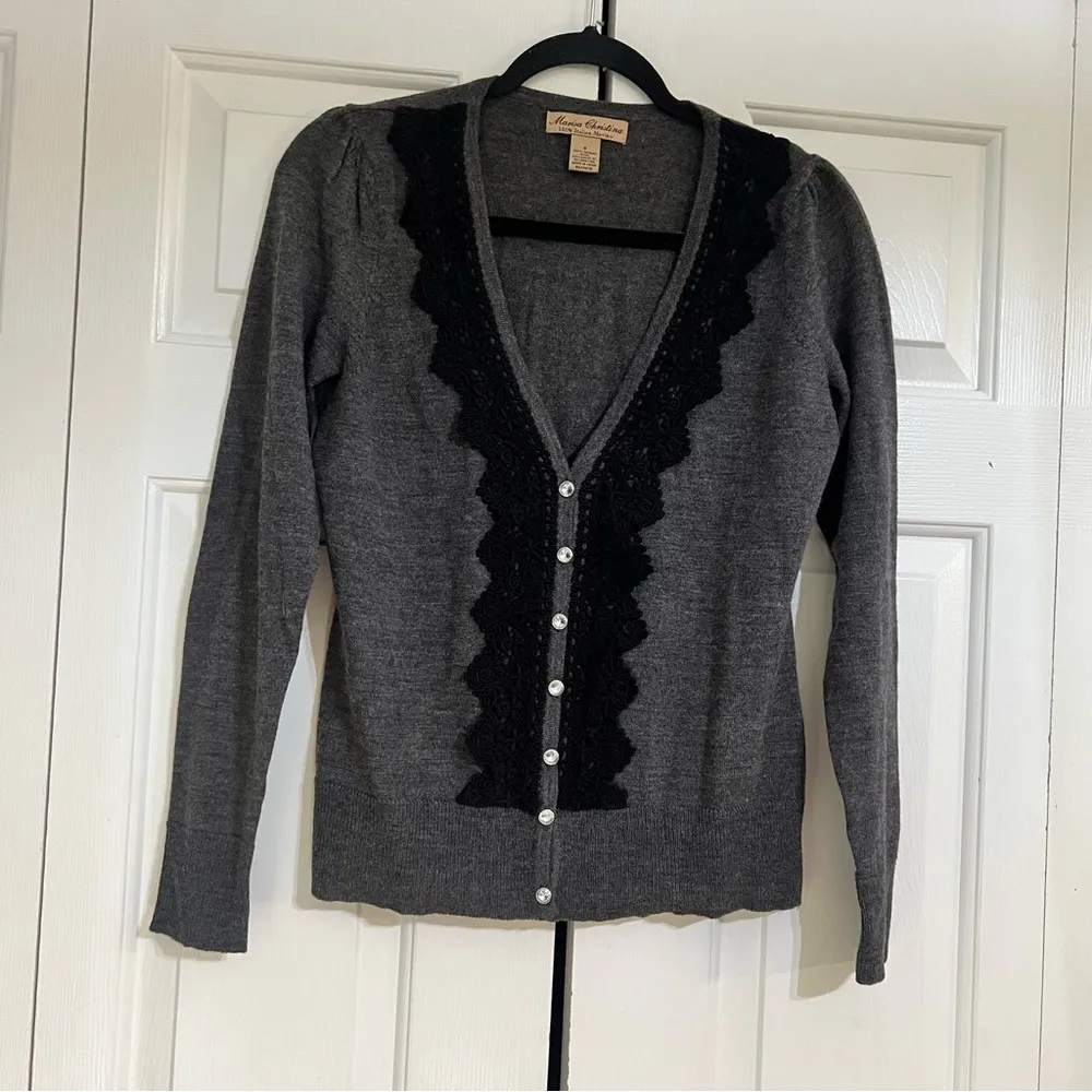 Marisa Christina Cardigan Sweater Button Front Merino Wool Gray Size Small Lace - Image 5