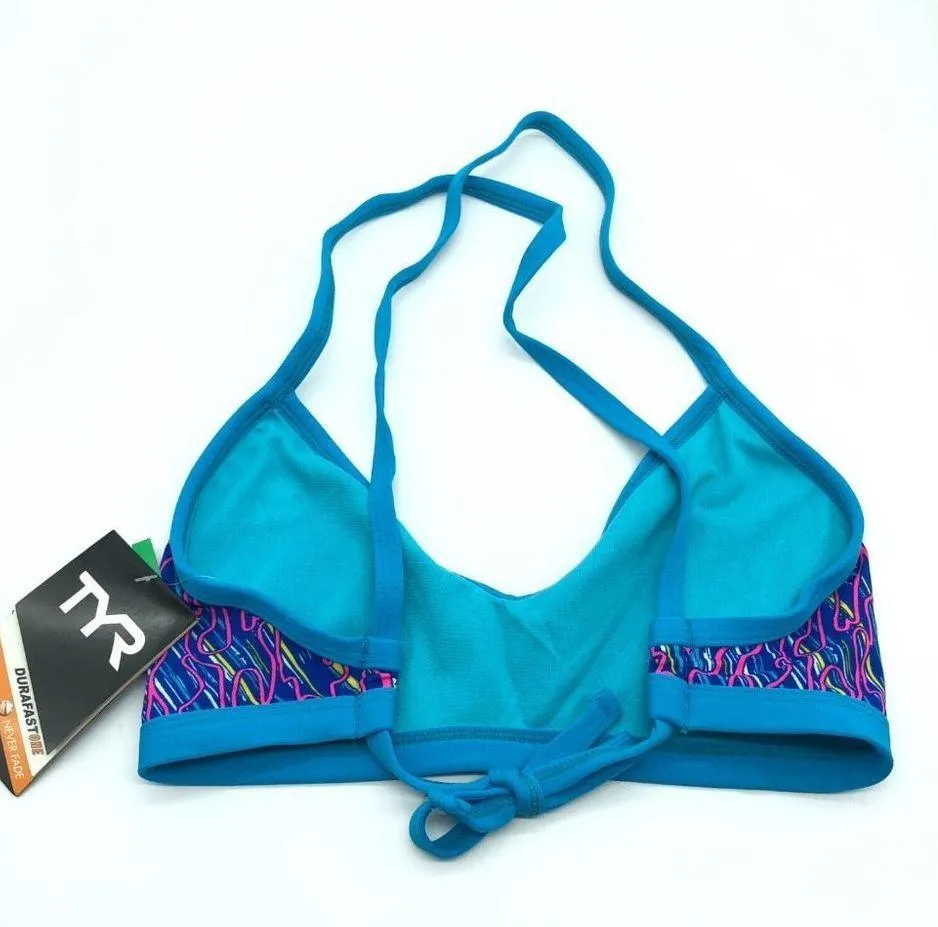 TYR Workout Bikini Electro Crosscut Tieback Top Strappy Blue Pink M (8) - Image 2