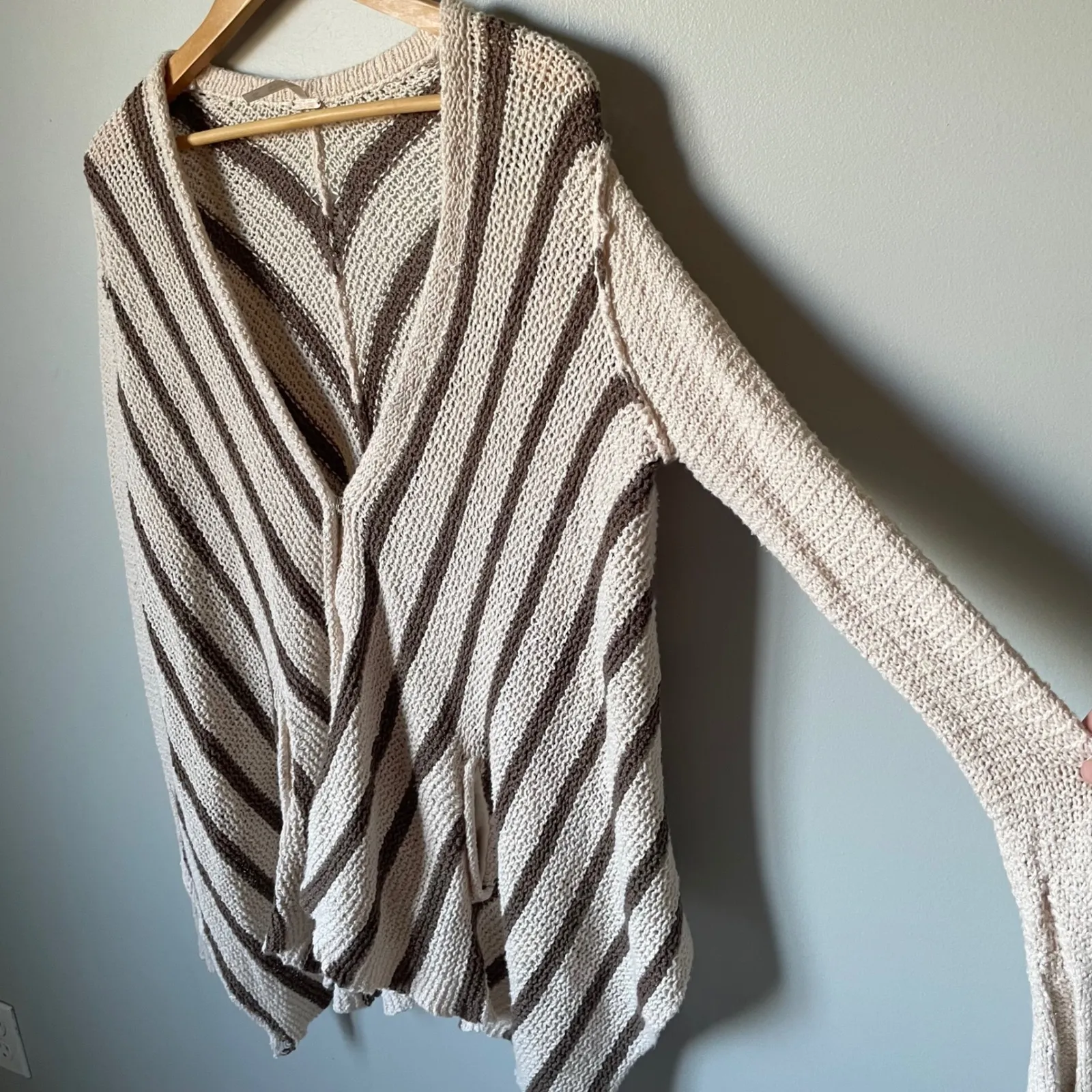 Free People Striped Asymmetrical Knit Cardigan Open Front Pockets Cream Brown XS - Image 3