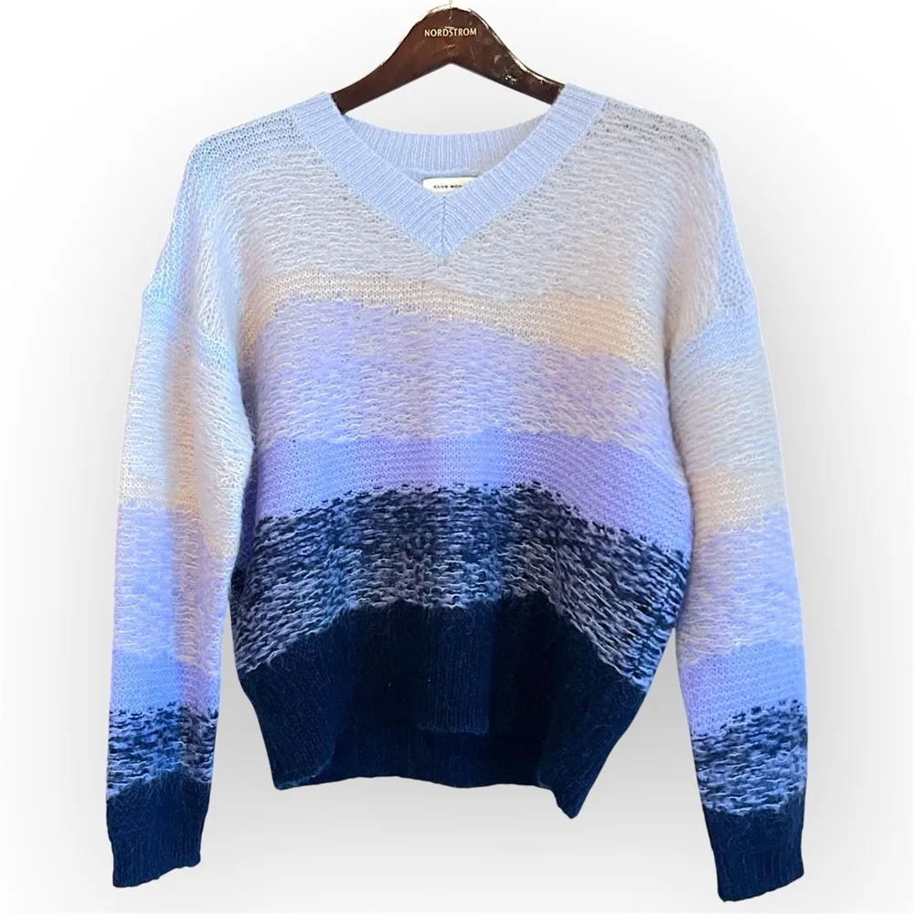 NEW Club Monaco chunky mohair pullover sweater, lavender and navy, Oversized XS - Image 2