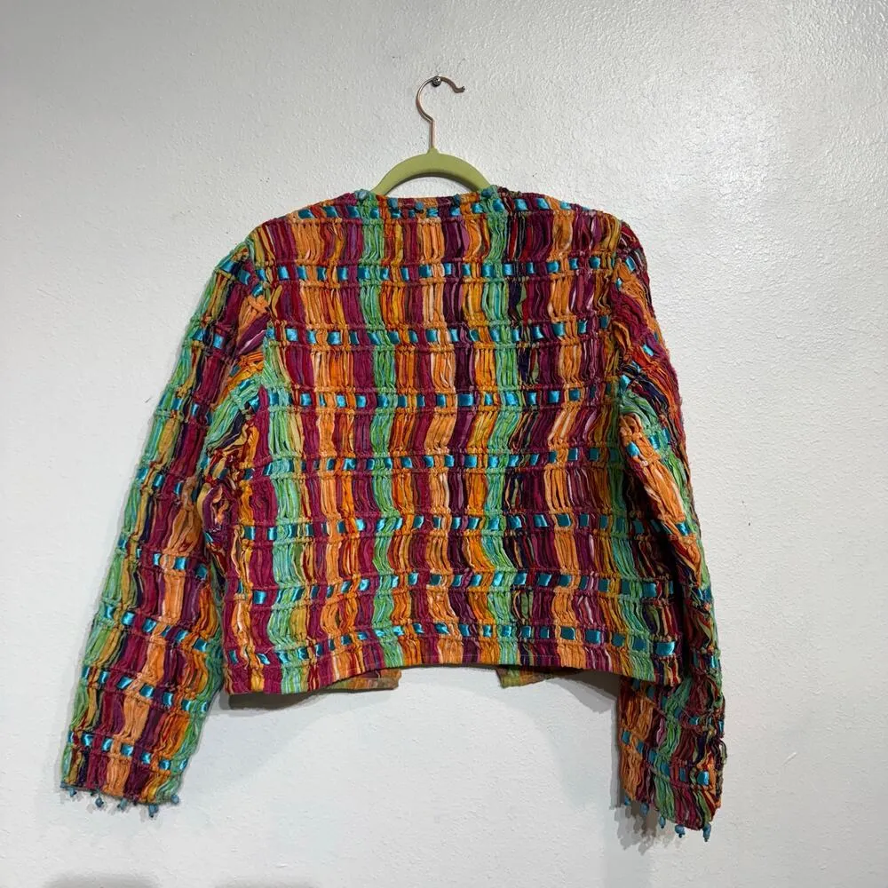 Sandy Starkman Rainbow Striped Vintage Knotted Woven Mesh Fringe Jacket Sz M Pink Size M - Image 10