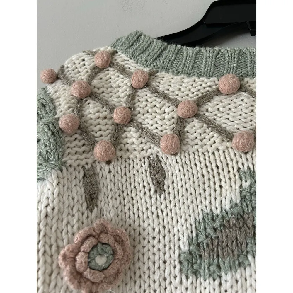 Carolina Colours Vintage Knitted Floral Embroidered Pastel Funky Sweater Size M Green Size M - Image 5