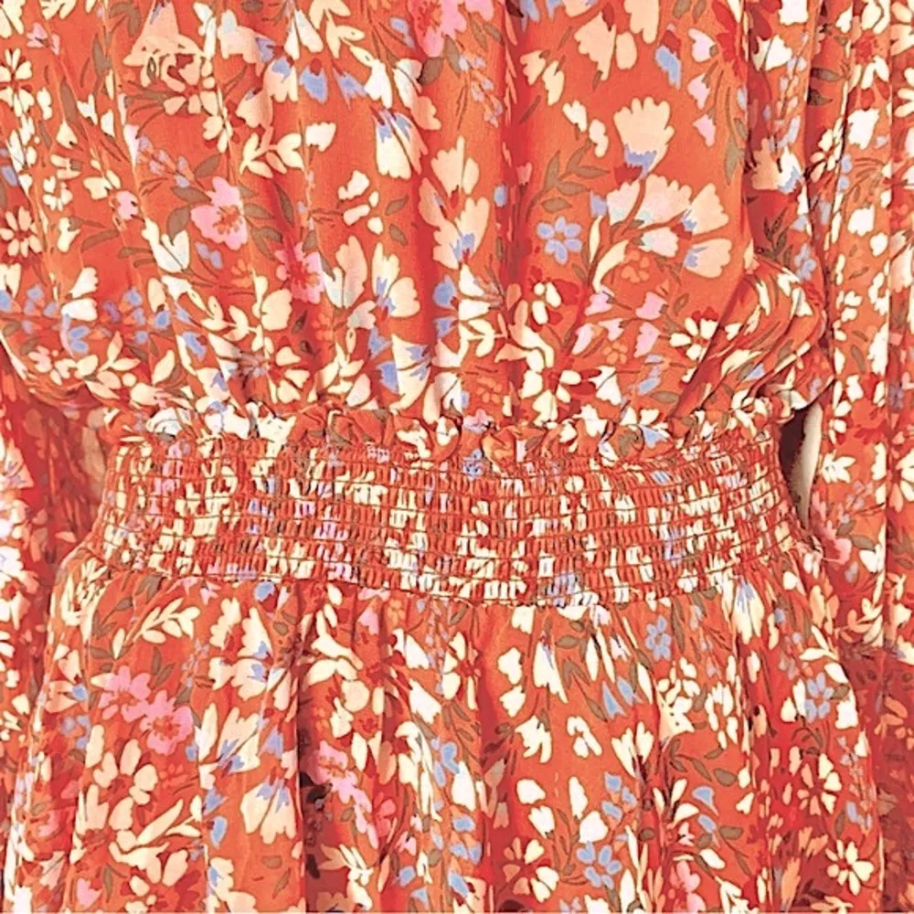 Arula Orange Red/Rust & Tan Multicolor Floral Smocked Long Sleeve Ruffled Dress. Red Size XL - Image 2