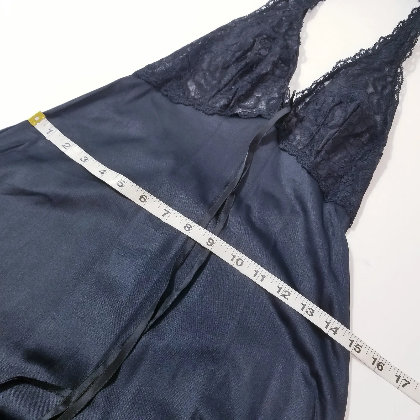 Vintage Lucas Black Lace Slip Night Gown Halter Neckline V - Image 7