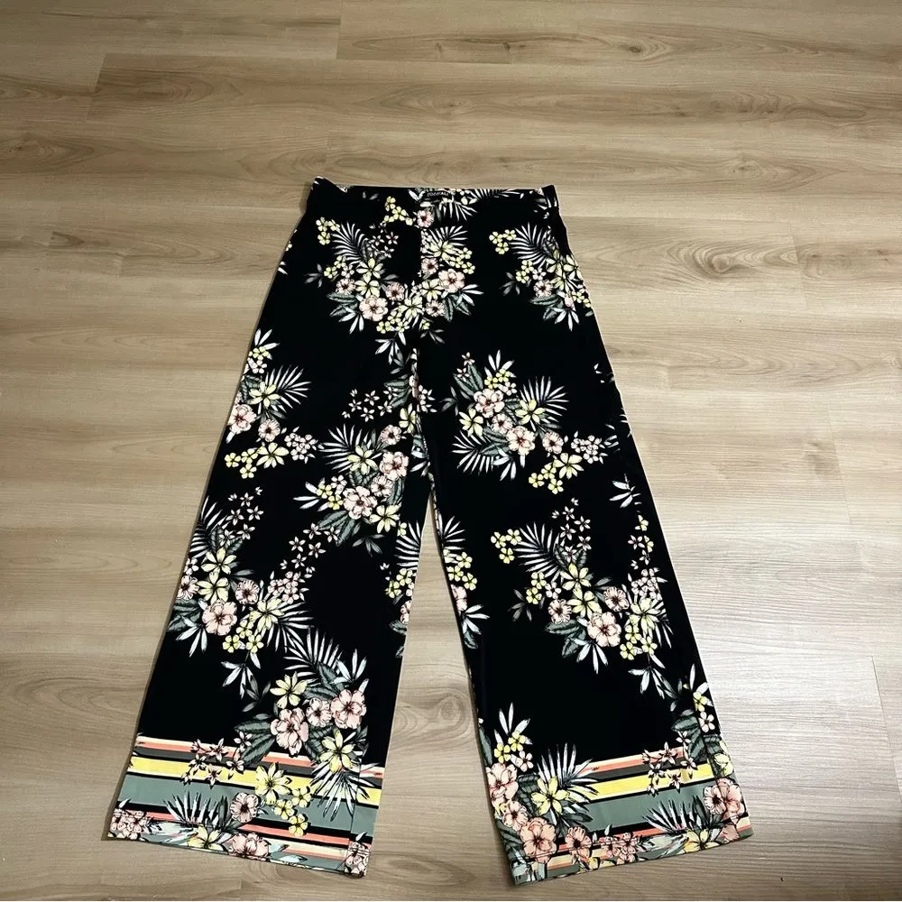 Roz & Ali Black & Multicolor Tropical Floral Wide Leg Stretch‎ Pants Size Large - Image 3