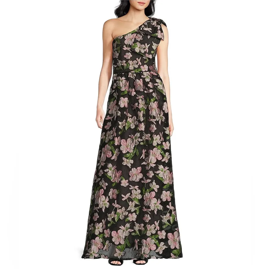 Abbey Glass Caroline Organza Floral Jacquard Asymmetrical Neck Sleeveless Bow Black Size M - Image 5