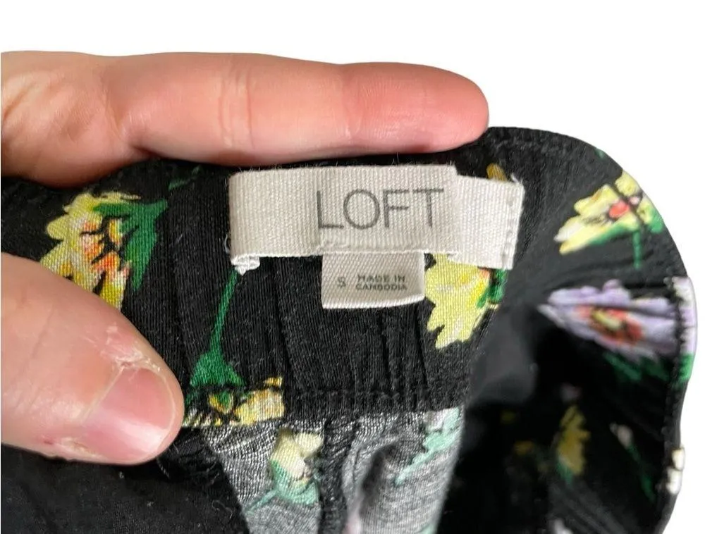 Loft Black Floral Linen Blend Casual Pull On Pants Small Wide Leg - Image 4