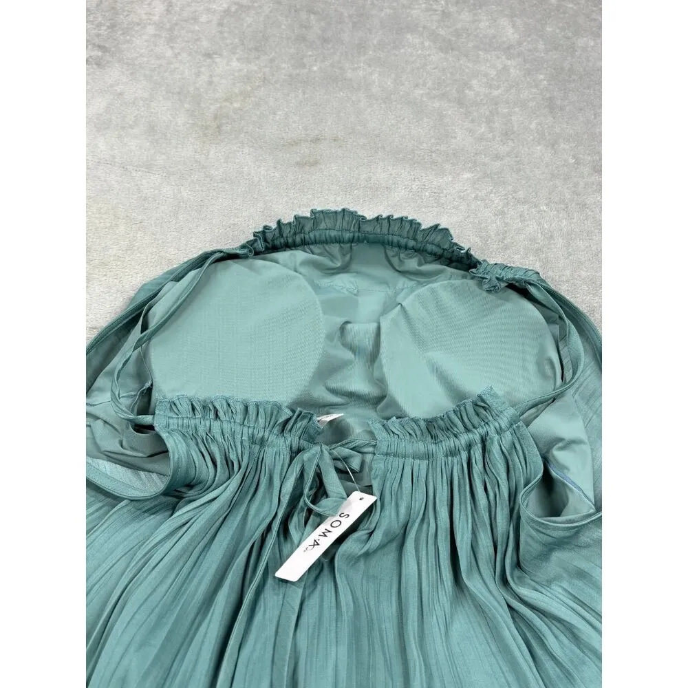 Soma Crinkle Satin Pleated Tie Midi Bra Dress Women's Large Green Ruffle Trim - Image 7