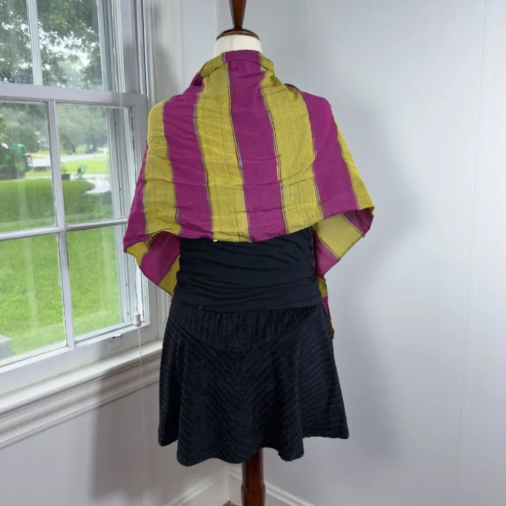Vintage Mustard Yellow and Pink Striped Scarf with Black Fringe Boho Chic Hippie - Image 4