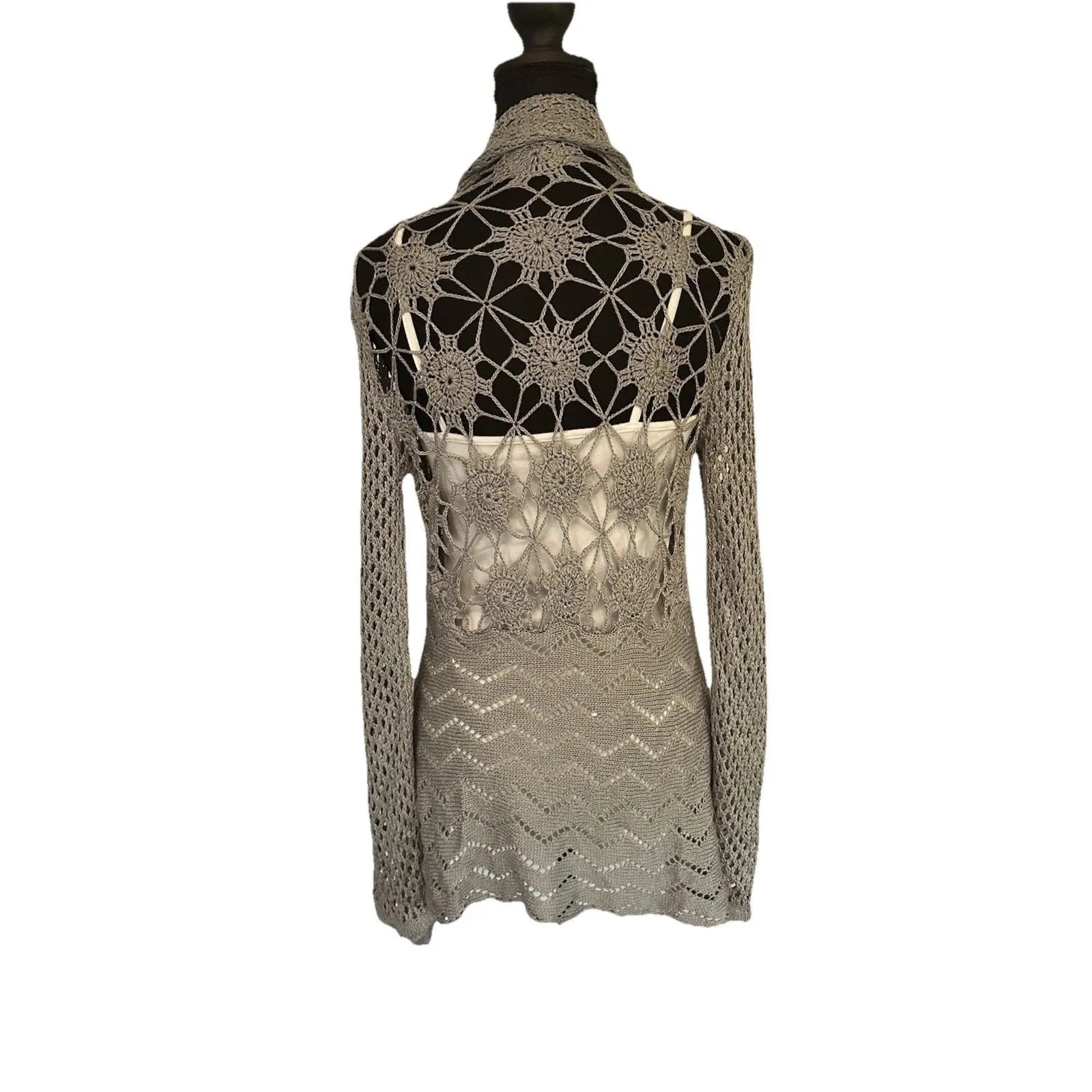 Peppe Peluso Gray Knit Crochet Open Bohemian Cardigan Sz S - Image 5