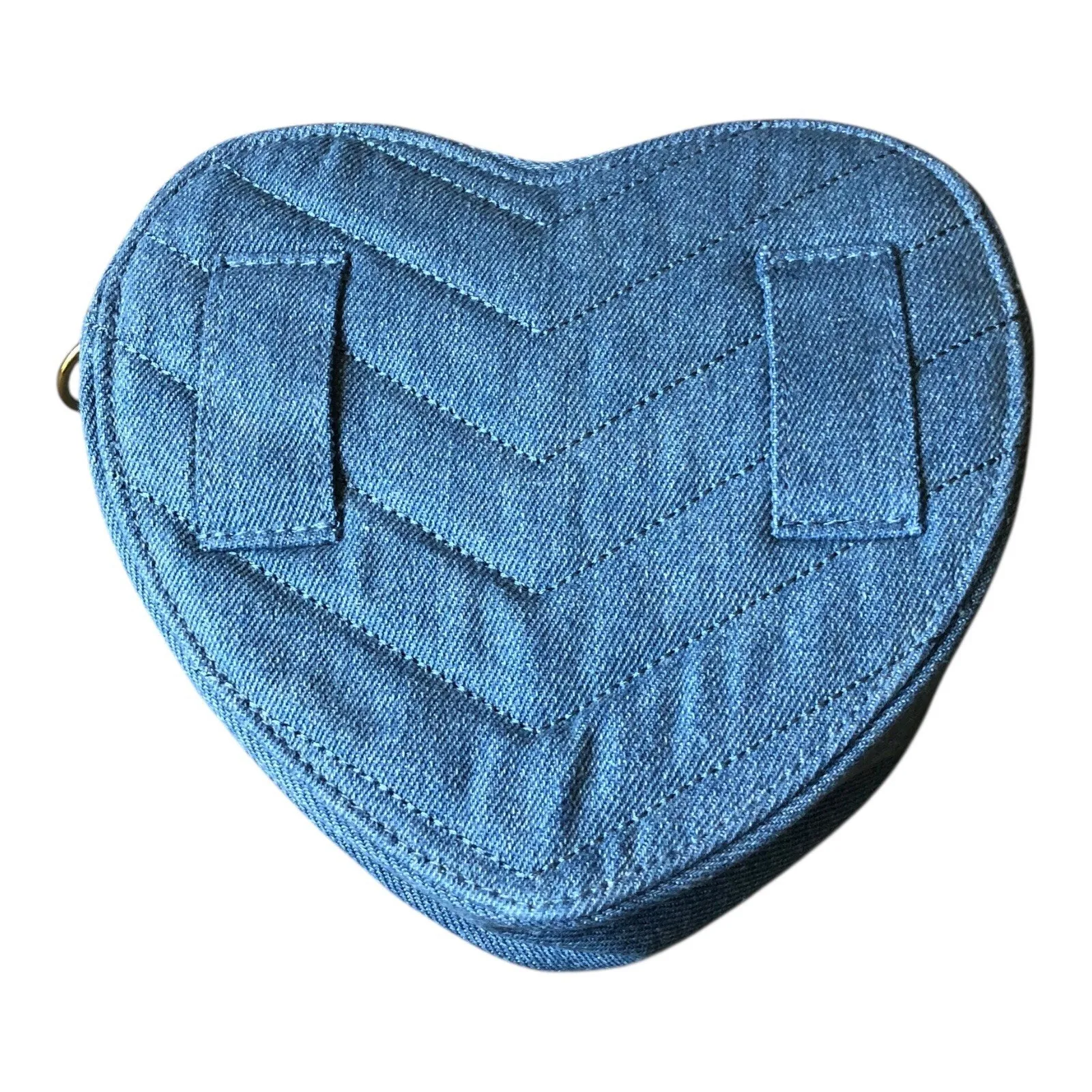 Fashion Statement Womens Crossbody Bag Denim Heart Shape Pewter Gold Chain Strap Blue - Image 4