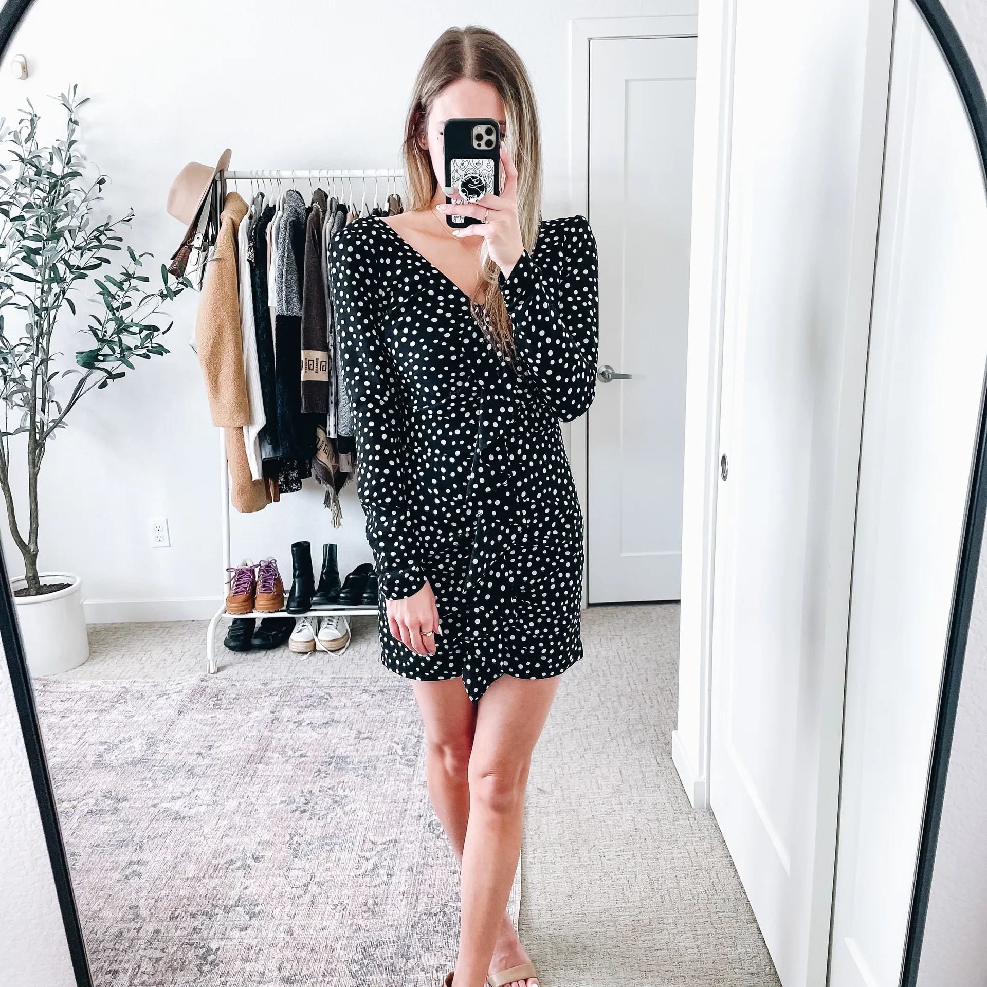 Corinne Black & White Polka Dot Long Sleeve Ruffle Mini Dress - Image 5